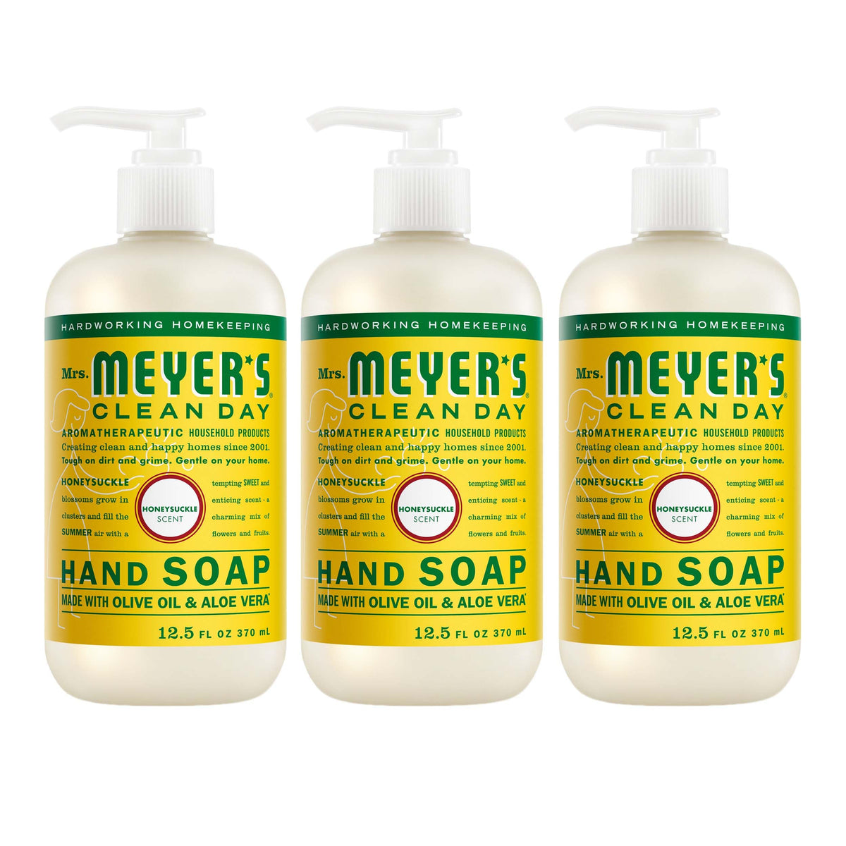 Mrs. Meyer's honeysuckle front packaging shows three bottles and clear benefits