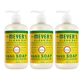 Mrs. Meyer's honeysuckle front packaging shows three bottles and clear benefits