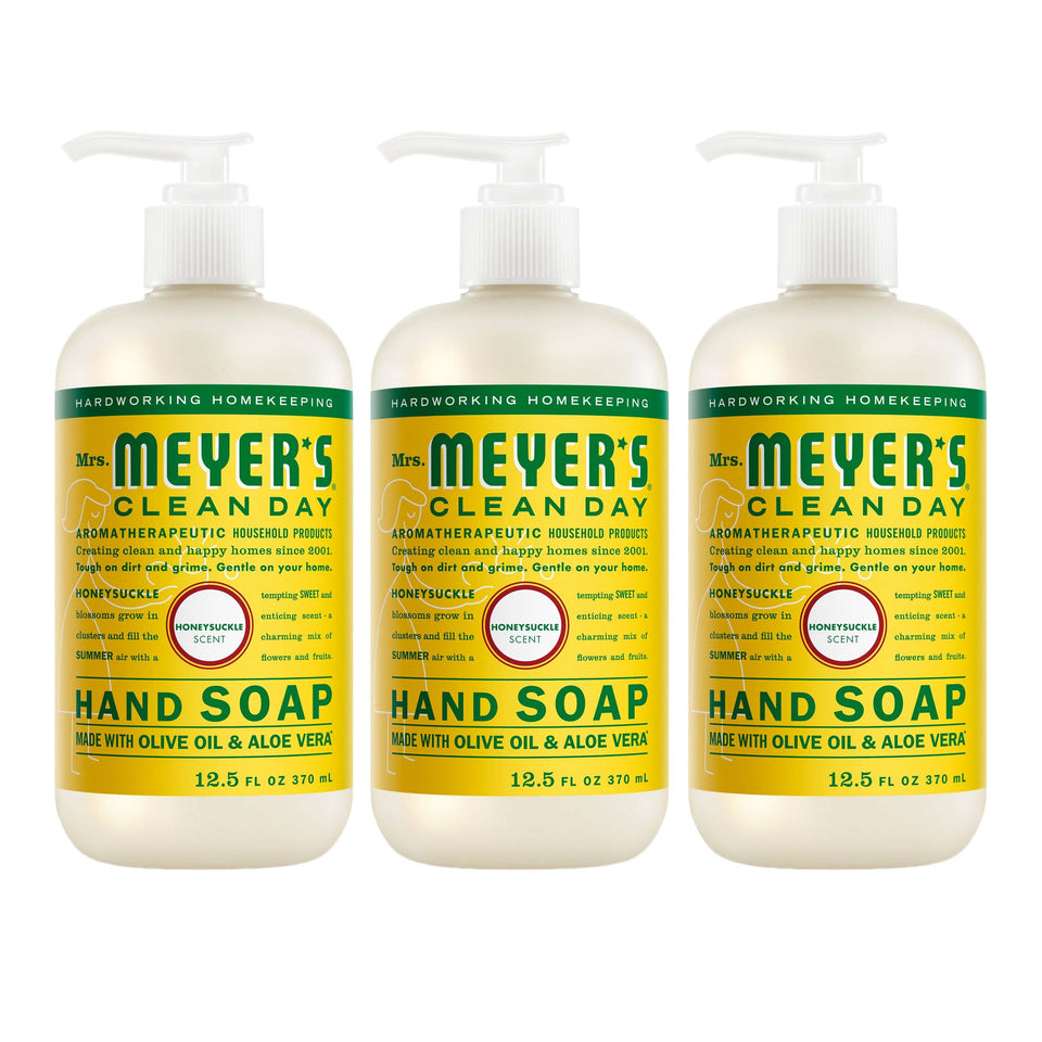 Mrs. Meyer's honeysuckle front packaging shows three bottles and clear benefits