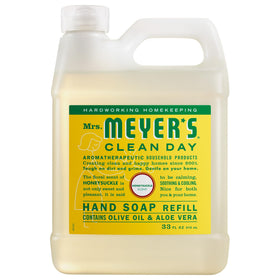 Mrs. Meyer's honeysuckle refill front packaging showing bottle and label benefits
