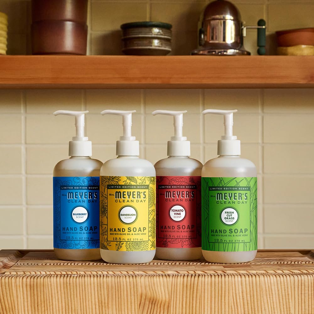Mrs. MEYER'S ingredients display with herbs illustrating plant-based, moisturizing benefits