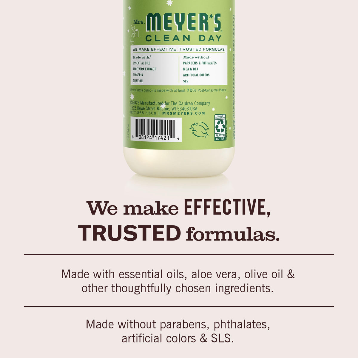 Mrs. MEYER'S ingredients label detail highlighting plant-based, cruelty-free formula