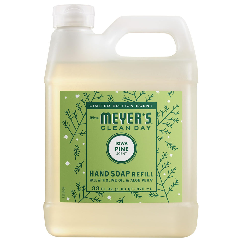 Mrs. MEYER'S front label of Iowa Pine 33 oz refill showing scent and bottle