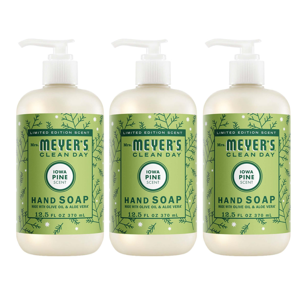 Mrs. MEYER'S front packaging showing three Iowa Pine bottles and clear benefits