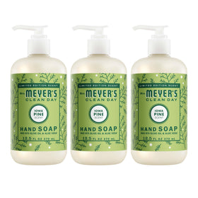Mrs. MEYER'S front packaging showing three Iowa Pine bottles and clear benefits
