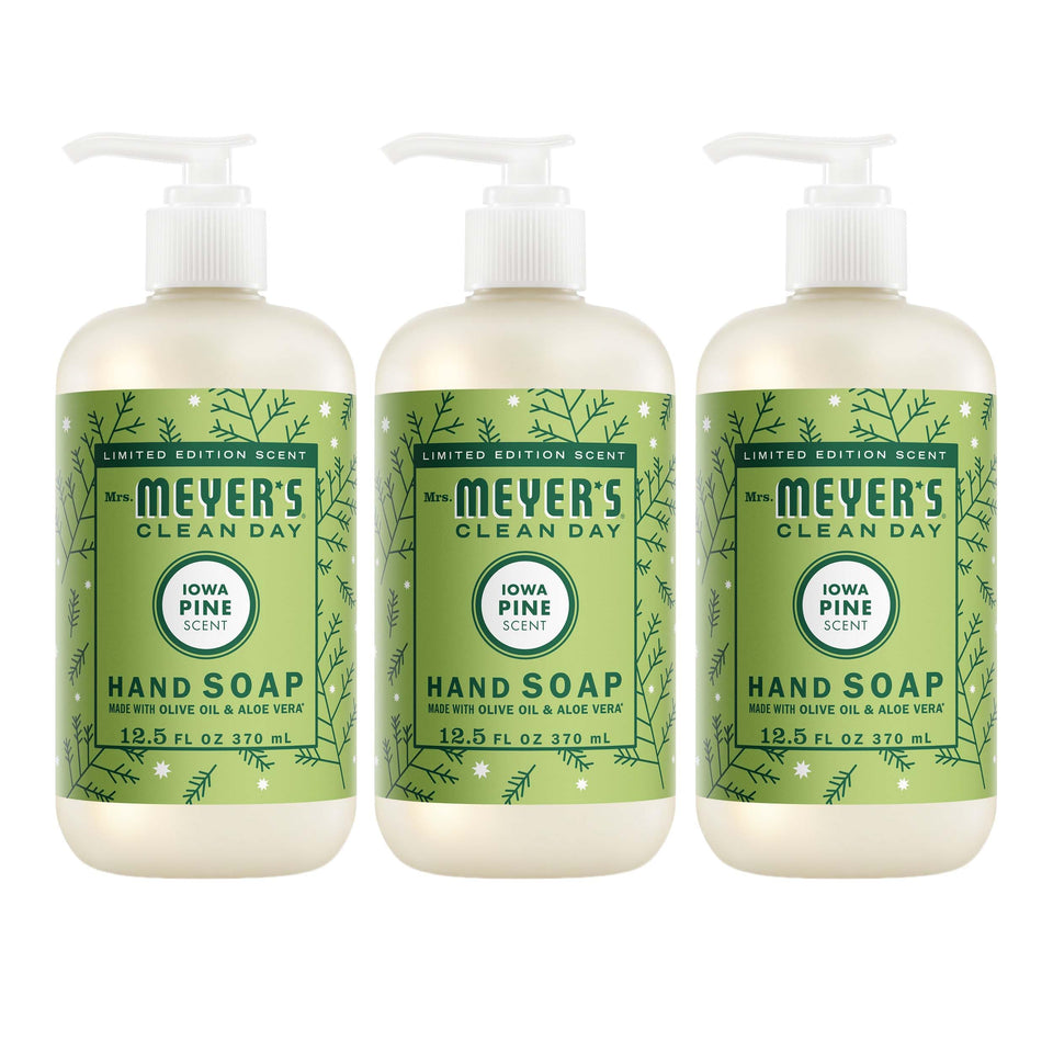 Mrs. MEYER'S front packaging showing three Iowa Pine bottles and clear benefits