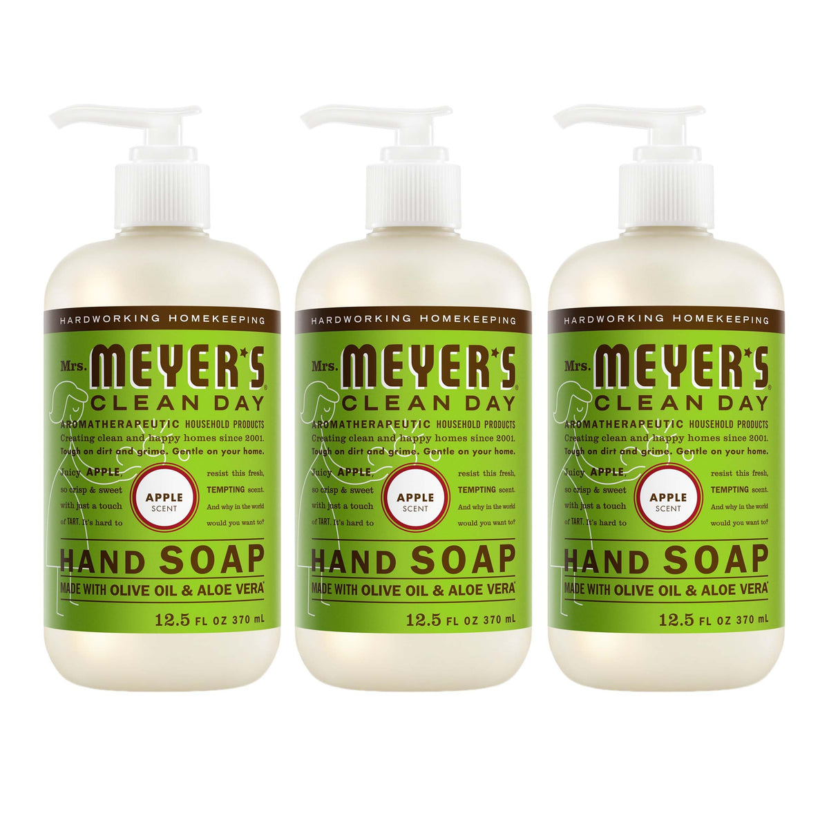 Mrs. MEYER'S bottle front packaging showing apple scent and label benefits