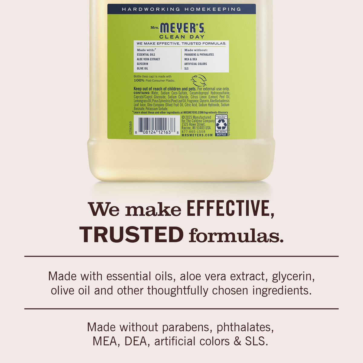 Close-up of Mrs. Meyer's label listing essential oils and plant-derived ingredients for transparency