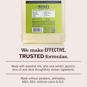 Close-up of Mrs. Meyer's label listing essential oils and plant-derived ingredients for transparency