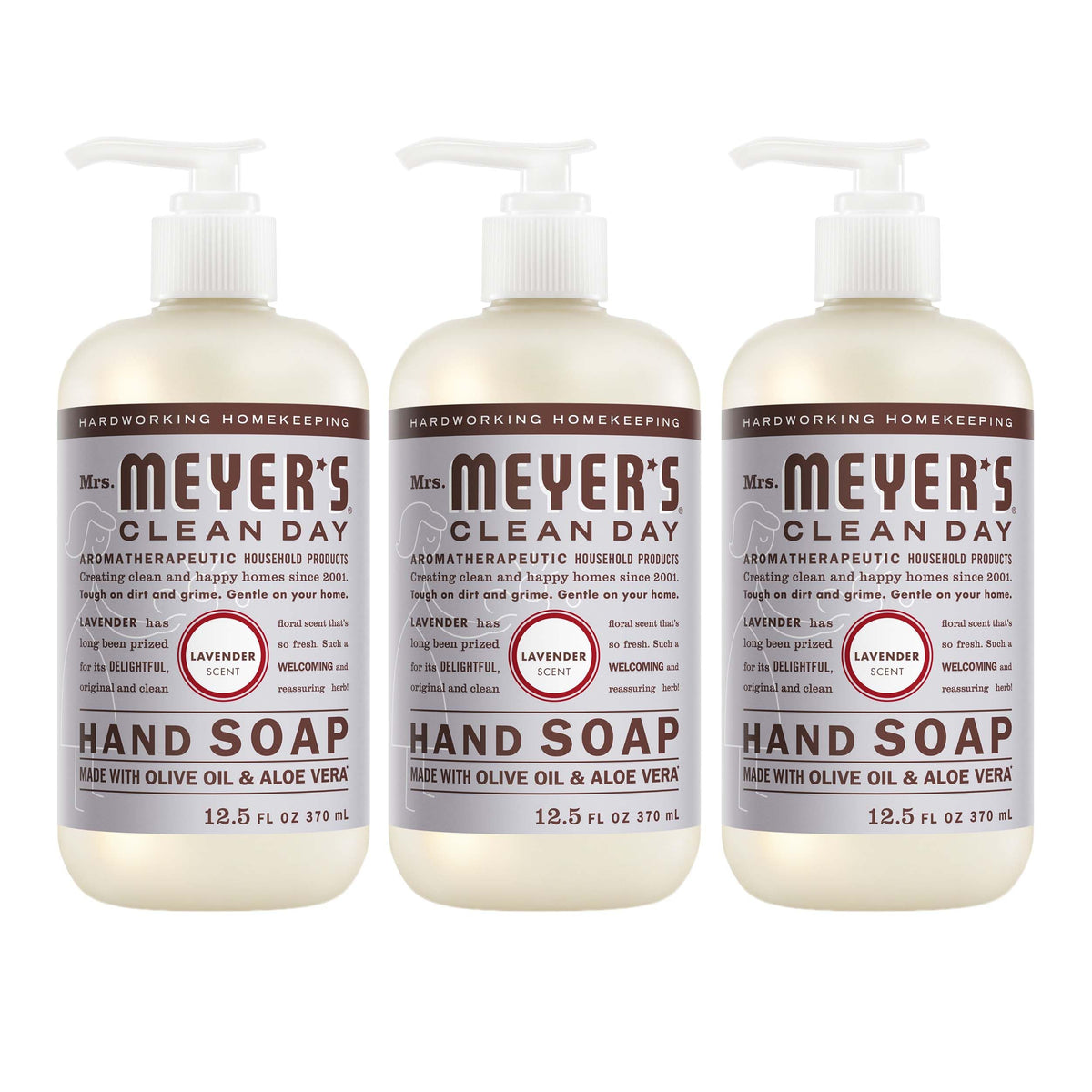 Mrs. MEYER'S three-pack front view showing lavender bottles and clear benefit of gentle cleaning