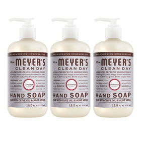 Mrs. MEYER'S three-pack front view showing lavender bottles and clear benefit of gentle cleaning
