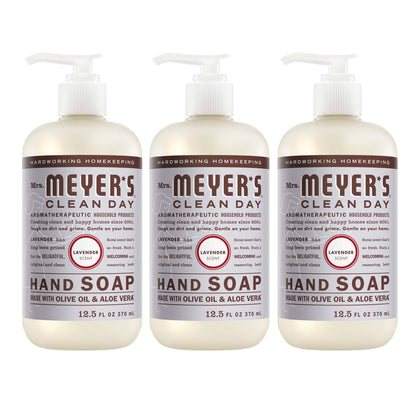 Mrs. MEYER'S three-pack front view showing lavender bottles and clear benefit of gentle cleaning