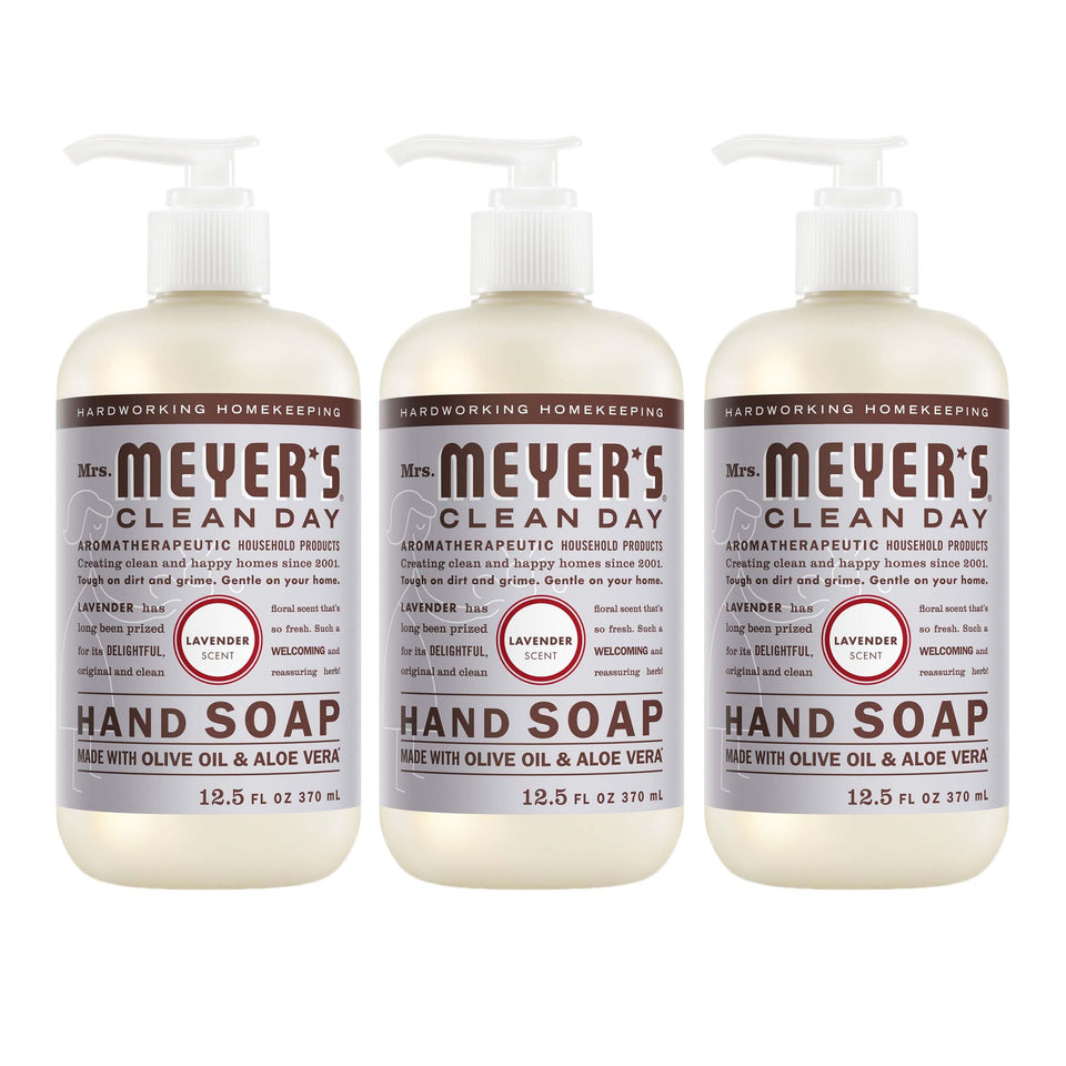 Mrs. MEYER'S three-pack front view showing lavender bottles and clear benefit of gentle cleaning