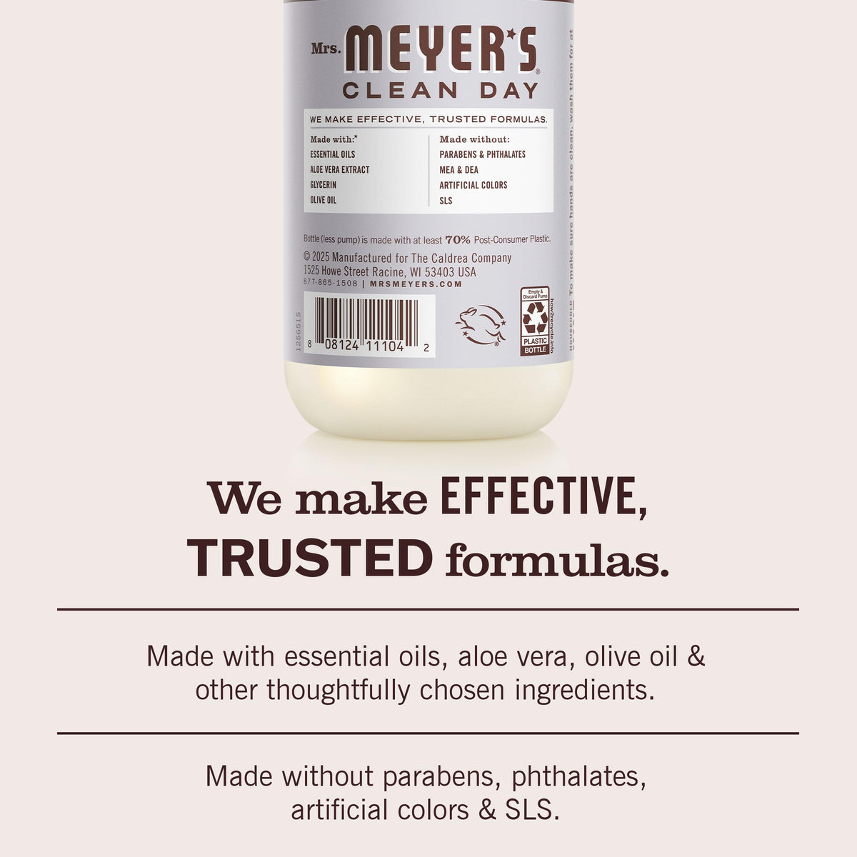 Mrs. MEYER'S label detail showing ingredient highlights and cruelty-free certification