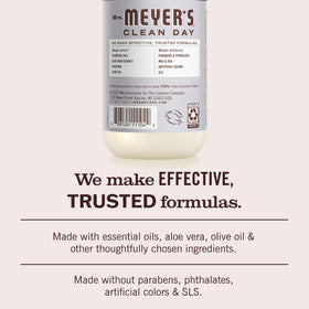 Mrs. MEYER'S label detail showing ingredient highlights and cruelty-free certification
