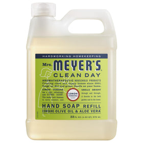 Mrs. Meyer's Lemon Verbena front bottle showing bright citrus label and easy refill benefit
