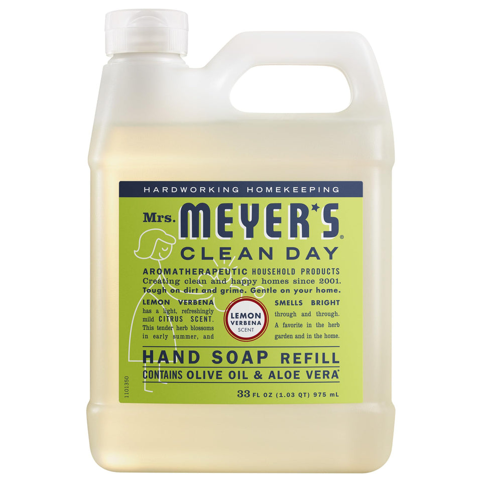 Mrs. Meyer's Lemon Verbena front bottle showing bright citrus label and easy refill benefit