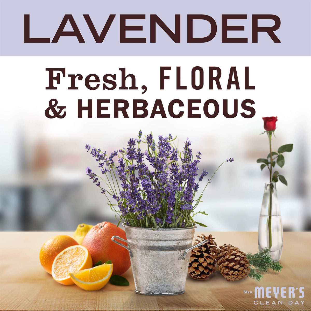 Mrs. MEYER'S handwashing in kitchen lifestyle image showing fresh scent and family-friendly benefit