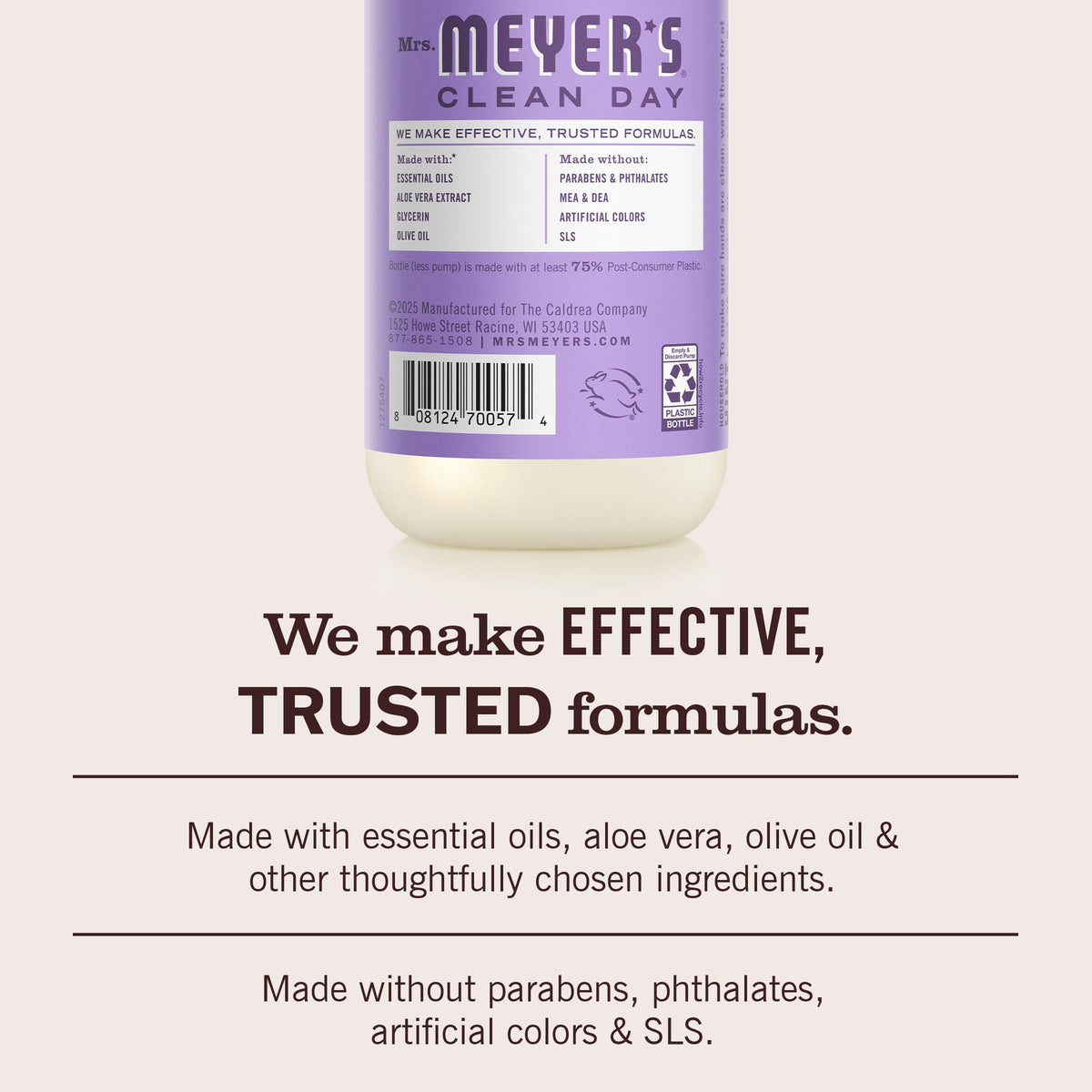 Mrs. Meyer's lilac bottle beside a hand showing bottle scale and convenience