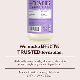 Mrs. Meyer's lilac bottle beside a hand showing bottle scale and convenience