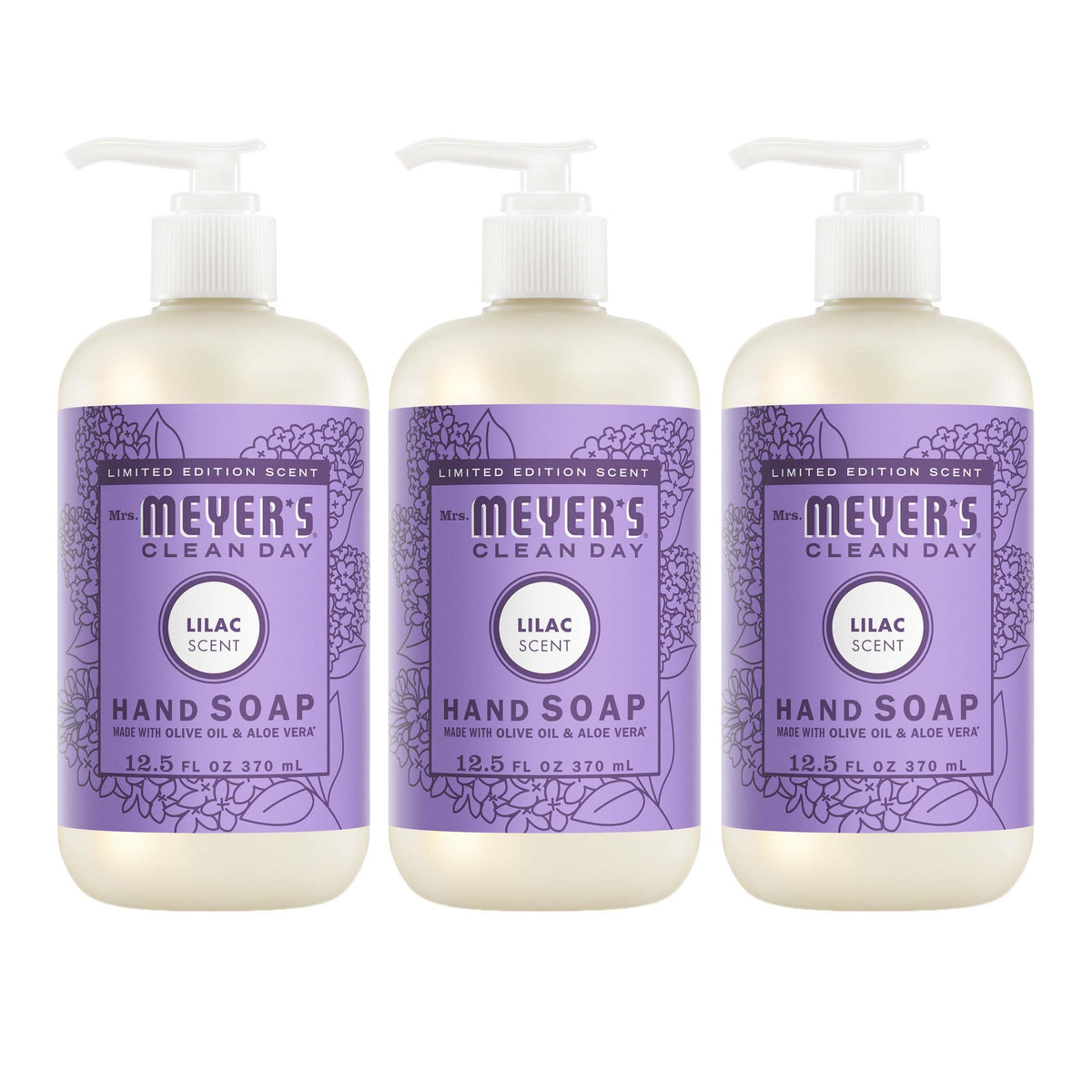 Mrs. Meyer's lilac front packaging showing three bottles and label benefit