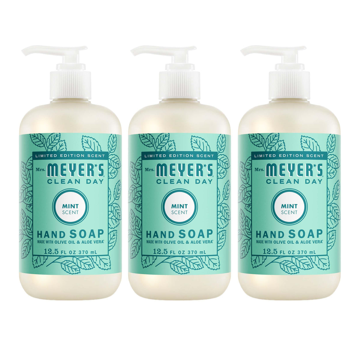 Mrs. MEYER'S front packaging showing three mint soap bottles and clear labeling benefit