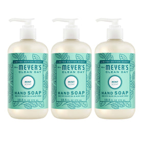 Mrs. MEYER'S front packaging showing three mint soap bottles and clear labeling benefit