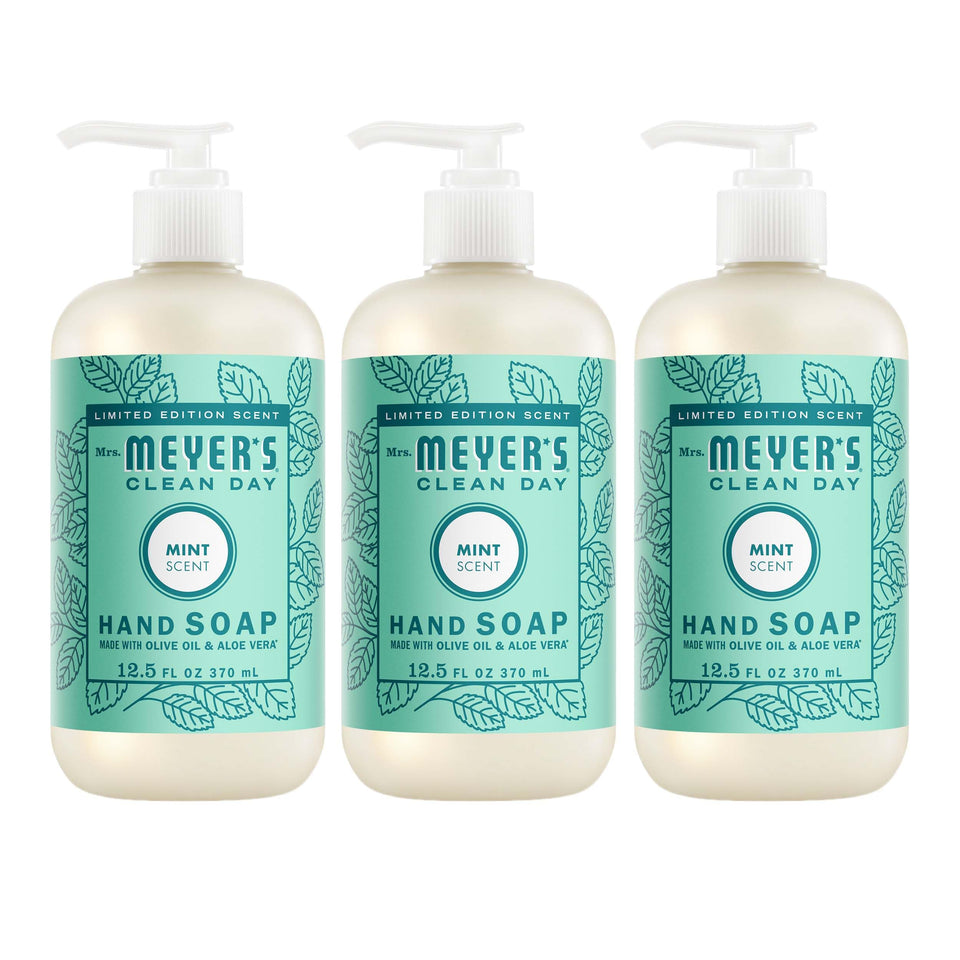 Mrs. MEYER'S front packaging showing three mint soap bottles and clear labeling benefit