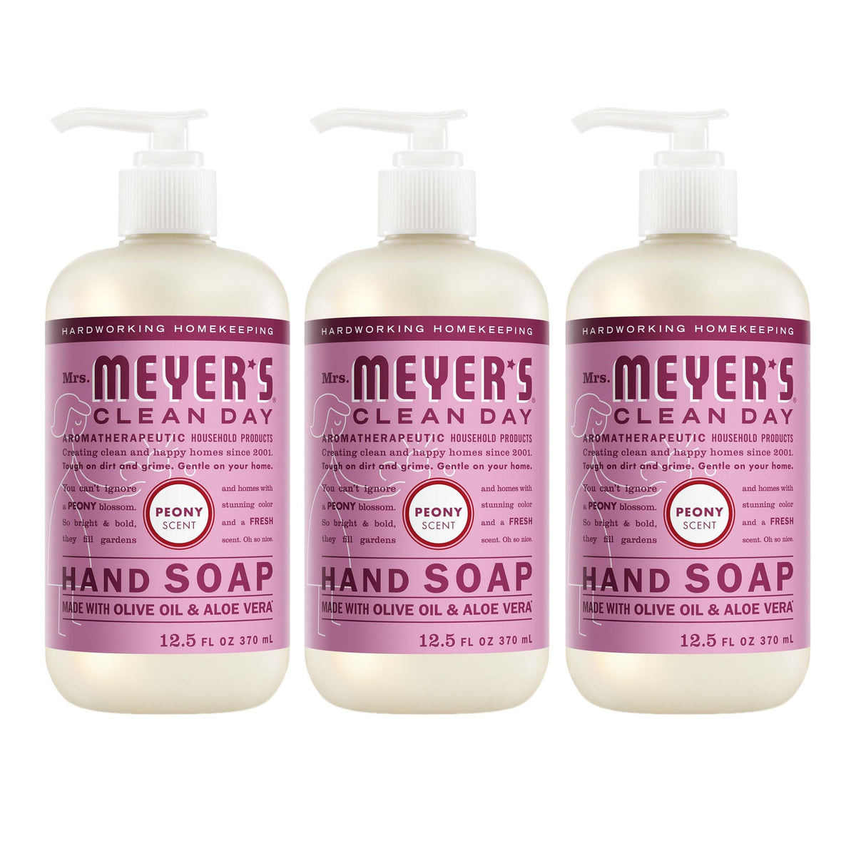 Mrs. MEYER'S front packaging showing three peony soap bottles, fresh scent