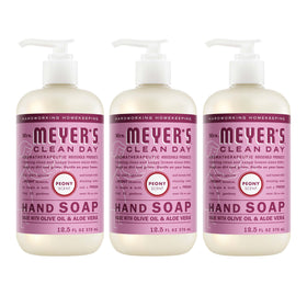 Mrs. MEYER'S front packaging showing three peony soap bottles, fresh scent
