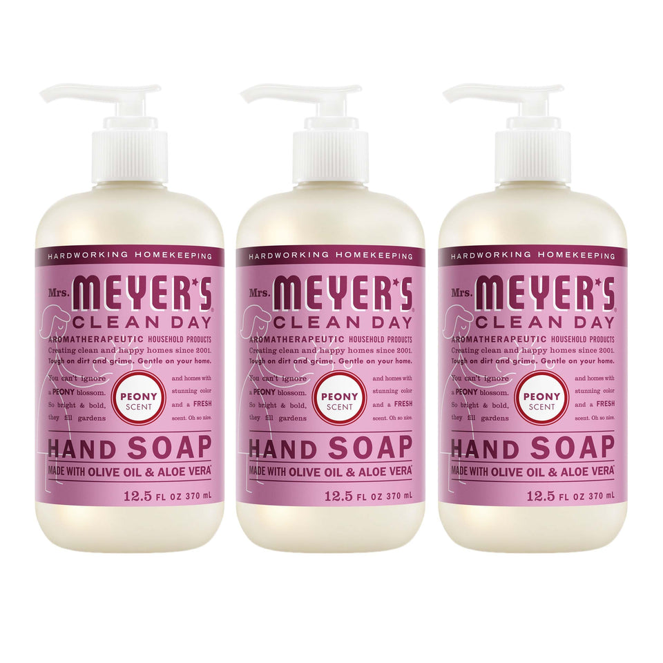 Mrs. MEYER'S front packaging showing three peony soap bottles, fresh scent