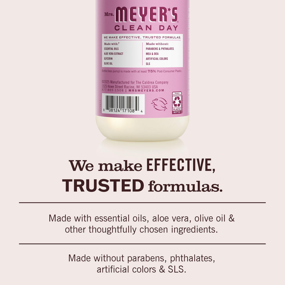 Mrs. MEYER'S label ingredients panel, highlights plant-based formula benefits
