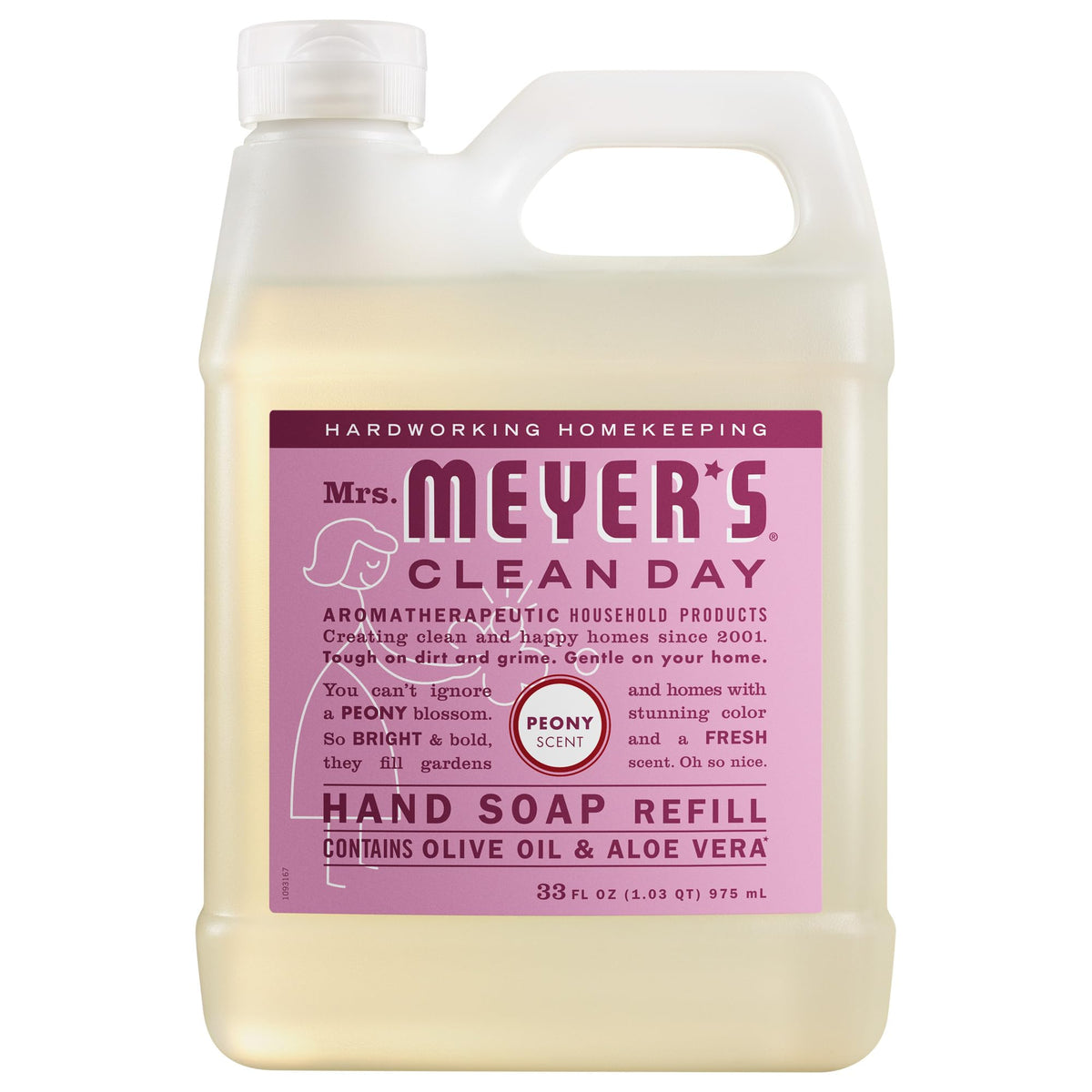 Mrs. Meyer's peony refill front packaging showing product benefits