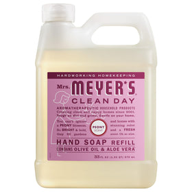 Mrs. Meyer's peony refill front packaging showing product benefits