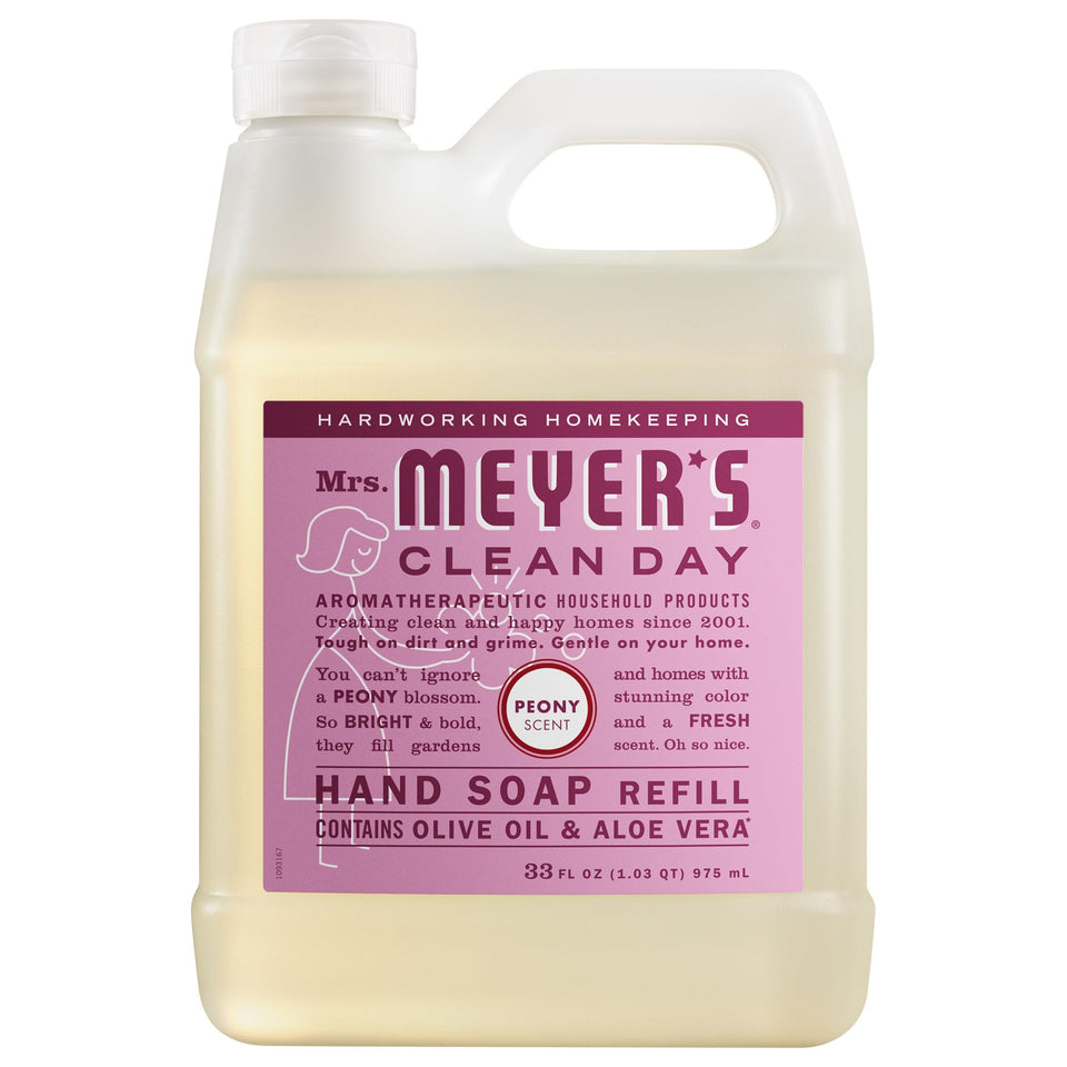 Mrs. Meyer's peony refill front packaging showing product benefits