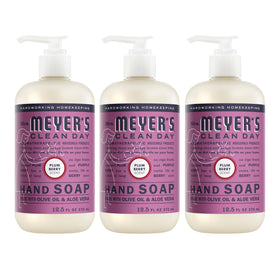 Mrs. MEYER'S front packaging showing three 12.5 oz bottles and bright plum scent
