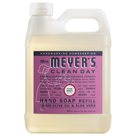 Mrs. MEYER'S front view of 33 fl oz plum berry refill showing packaging and scent benefit