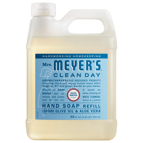 Mrs. Meyer's Rain Water 33 fl oz refill bottle front view showing packaging and scent benefit
