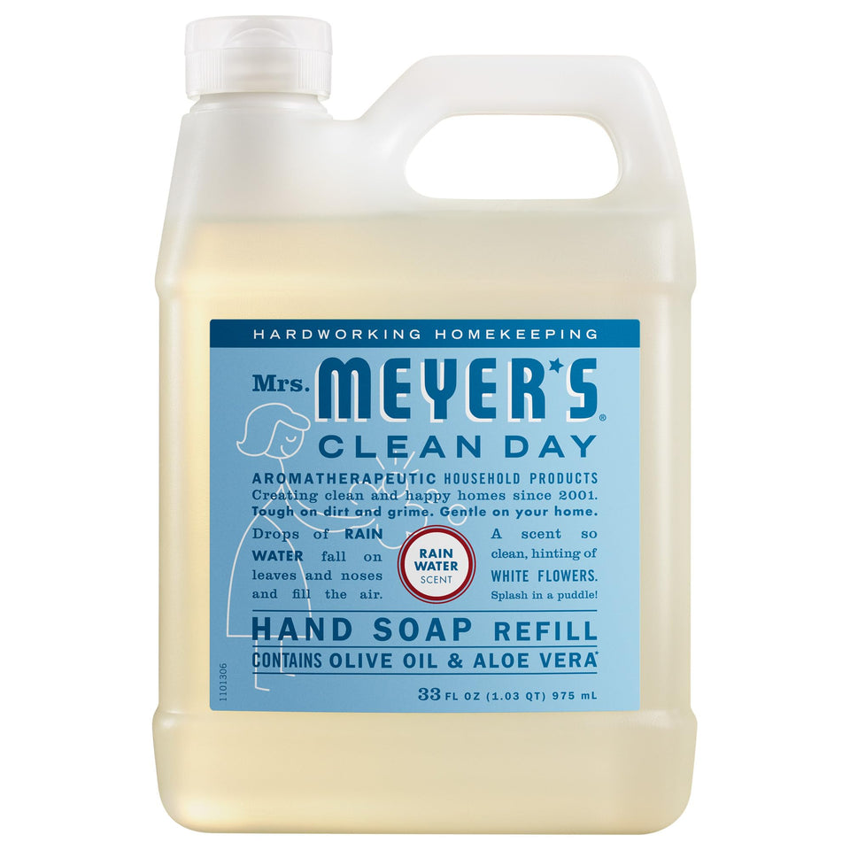 Mrs. Meyer's Rain Water 33 fl oz refill bottle front view showing packaging and scent benefit