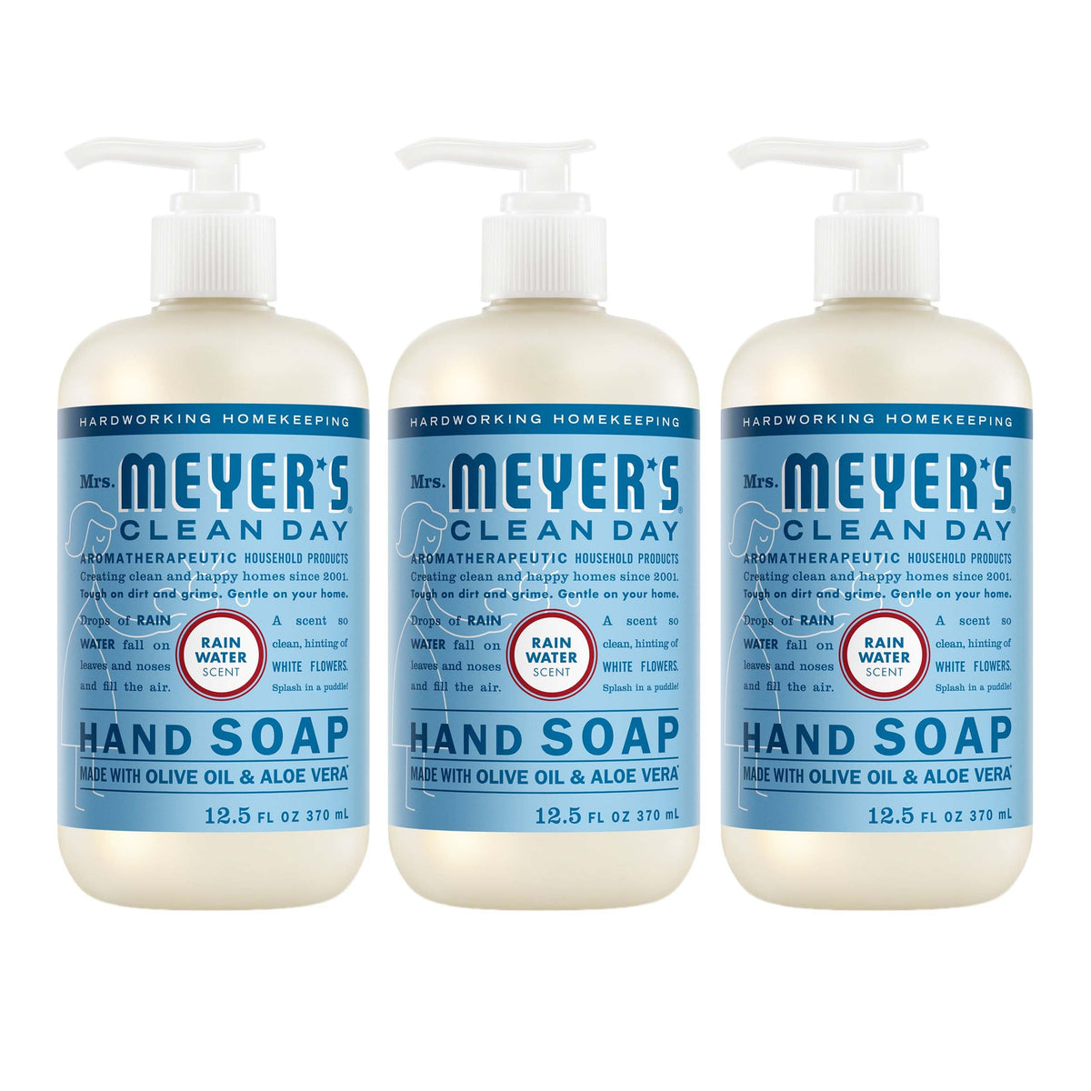 Mrs. MEYER'S front packaging showing three Rain Water soap bottles for convenience