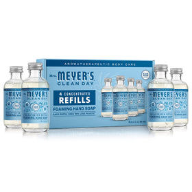 Mrs. MEYER'S front packaging showing four Rain Water concentrate bottles and eco benefit