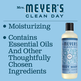 Mrs. MEYER'S bottle in use under shower, demonstrating gentle lather and refreshment