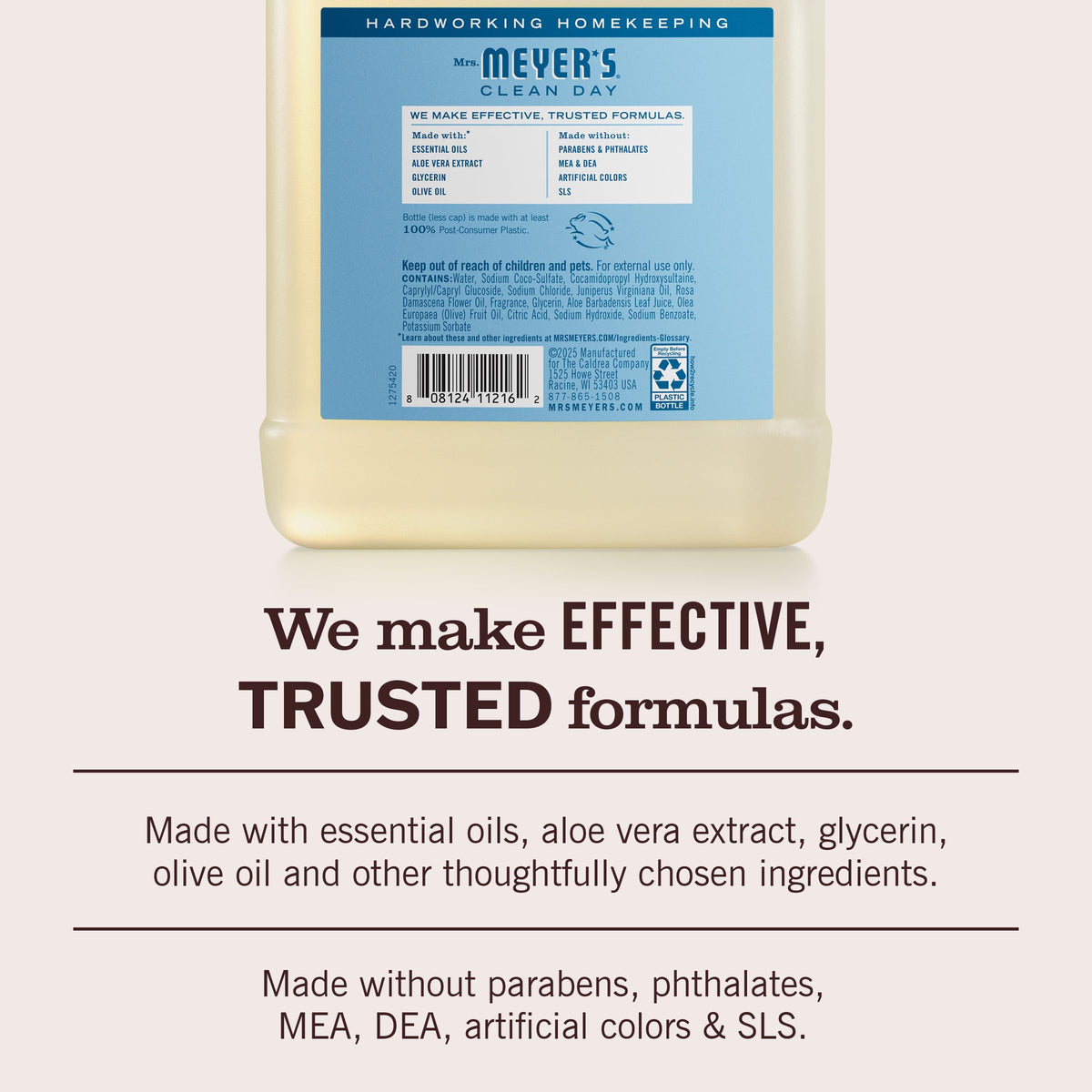 Mrs. Meyer's refill next to a pump soap setup showing how to replenish bottles easily