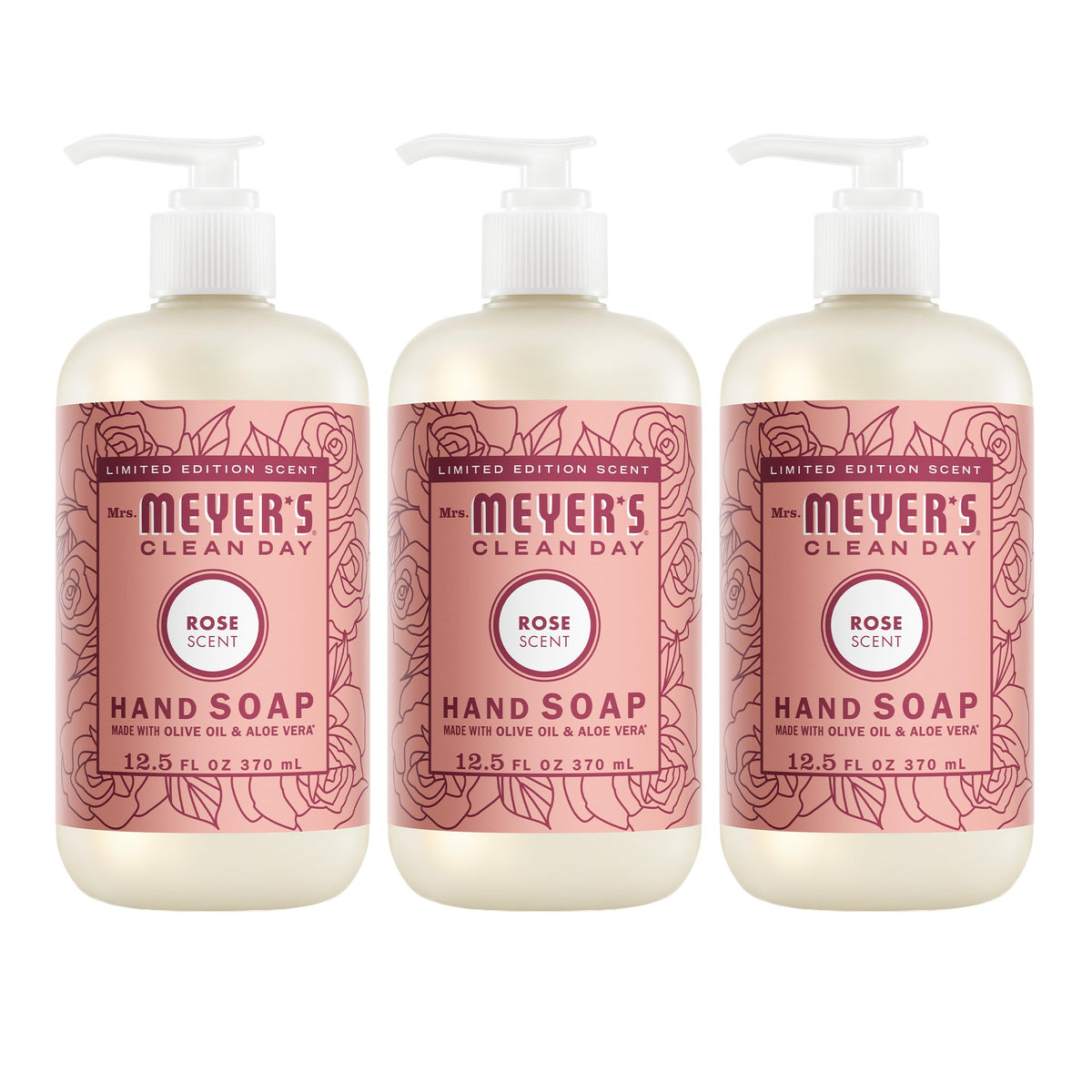 Mrs. MEYER'S rose hand soap front packaging showing floral bottle benefit softening