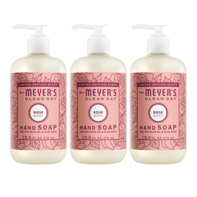Mrs. MEYER'S rose hand soap front packaging showing floral bottle benefit softening