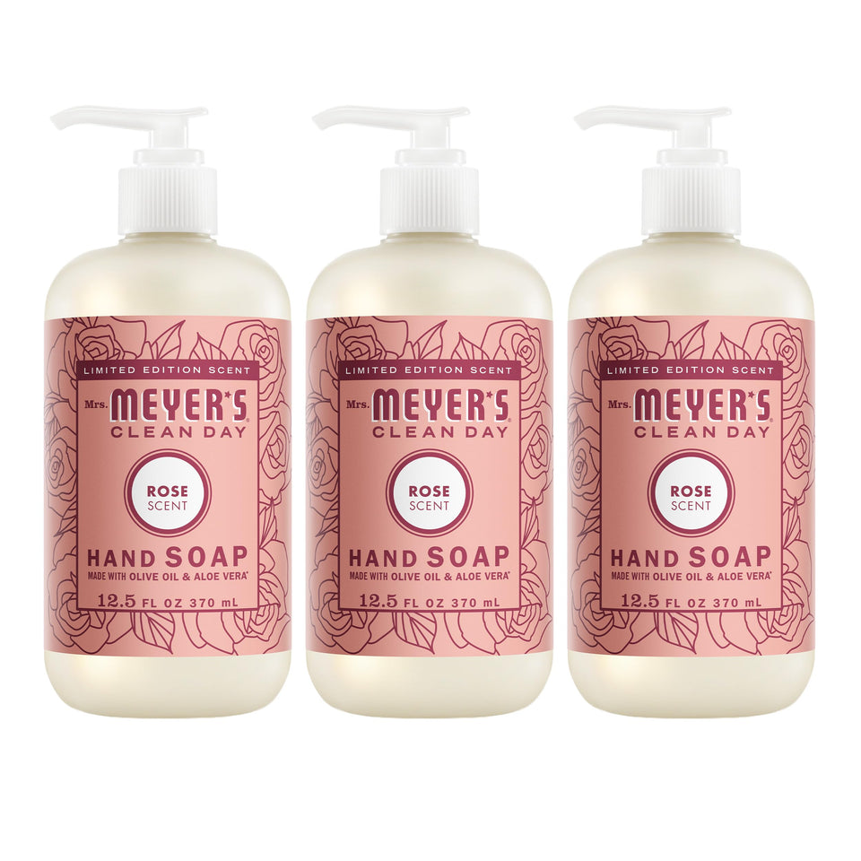 Mrs. MEYER'S rose hand soap front packaging showing floral bottle benefit softening