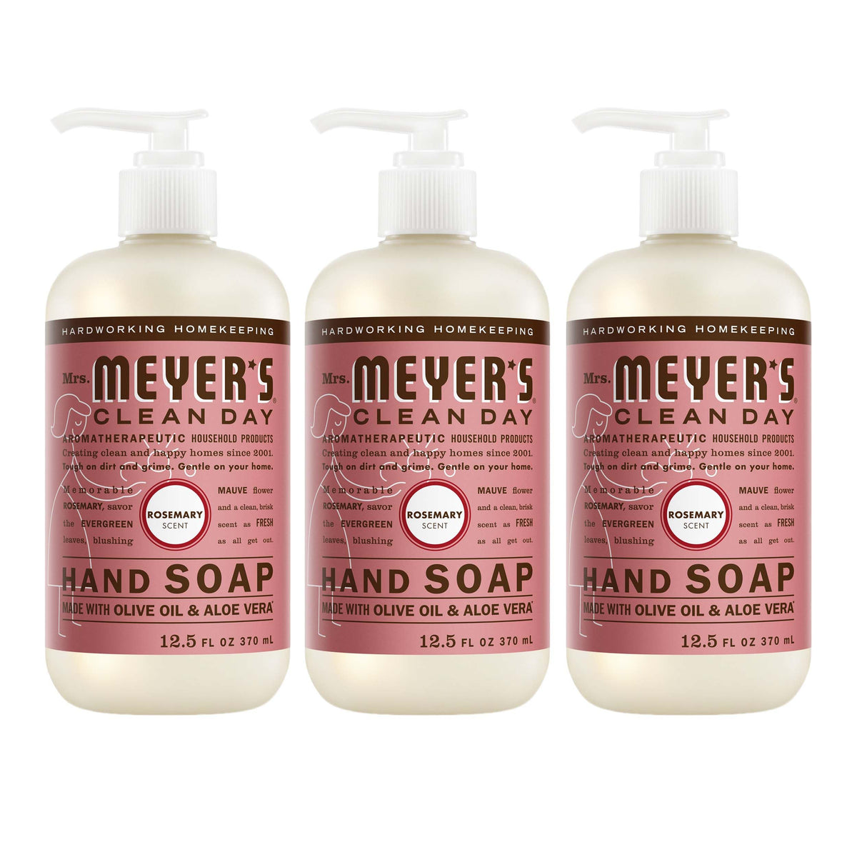 Mrs. Meyer's rosemary front packaging showing three bottles and fresh scent