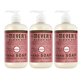 Mrs. Meyer's rosemary front packaging showing three bottles and fresh scent