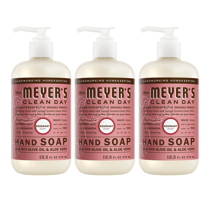 Mrs. Meyer's rosemary front packaging showing three bottles and fresh scent