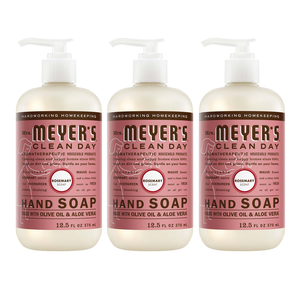 Mrs. Meyer's rosemary front packaging showing three bottles and fresh scent